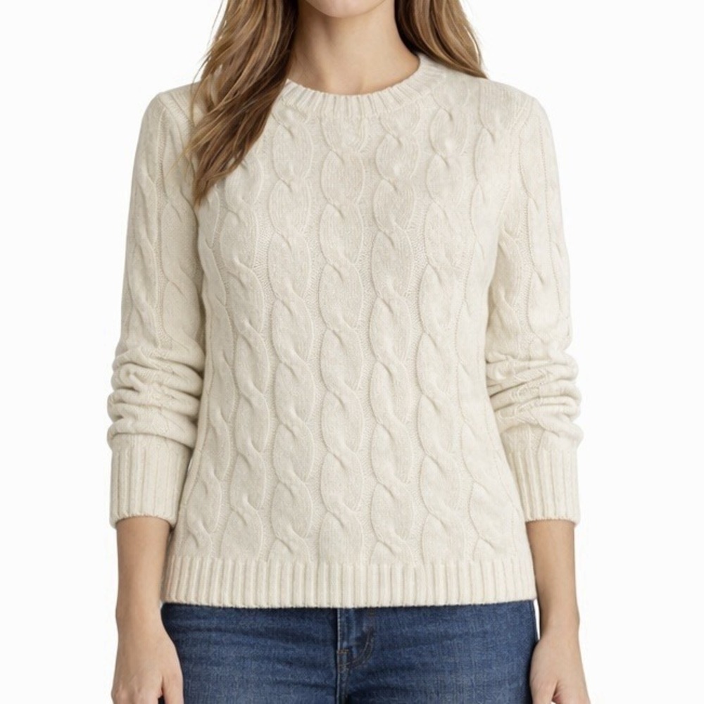 Vtg RALPH LAUREN Cable Knit Sweater Petite M Ivory Merino Angora Cashmere LRL